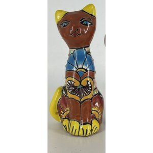 Mexican Red Clay Tabby Cat Figure Hand Painted Pottery Folk Art 7 In Tall